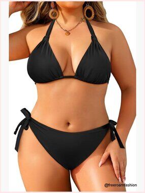 Women Plus Size Bikini Set - Two Piece Triangle Halter Swimsuits String Bathing